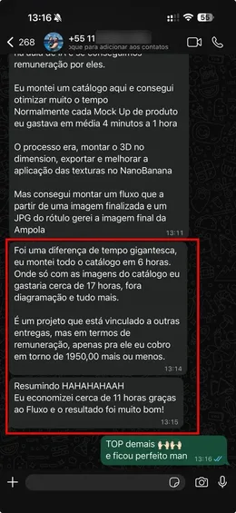Depoimento de aluno no WhatsApp