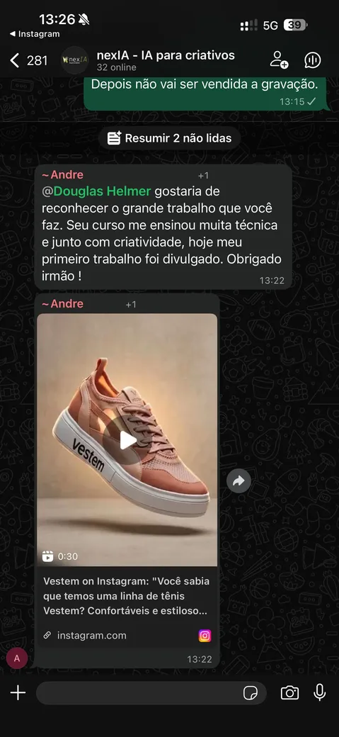 Depoimento de aluno no WhatsApp