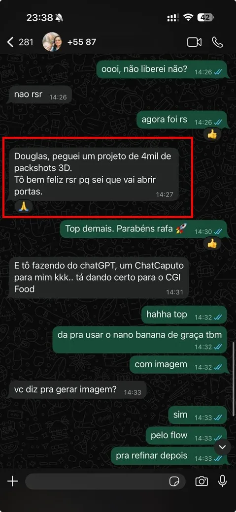 Depoimento de aluno no WhatsApp